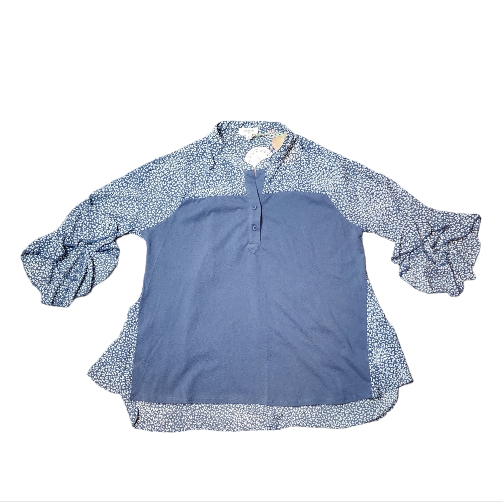NWT Umgee Bell Ruffle Sleeve Tunic Style Henley Blouse Sz Medium High Low